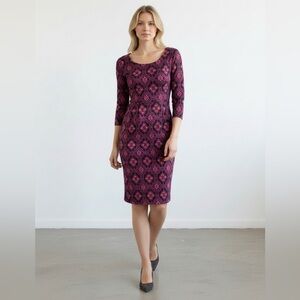THE LIMITED Vintage Black Magenta 3/4 Sleeve Geo Pattern Midi Dress Great Con S
